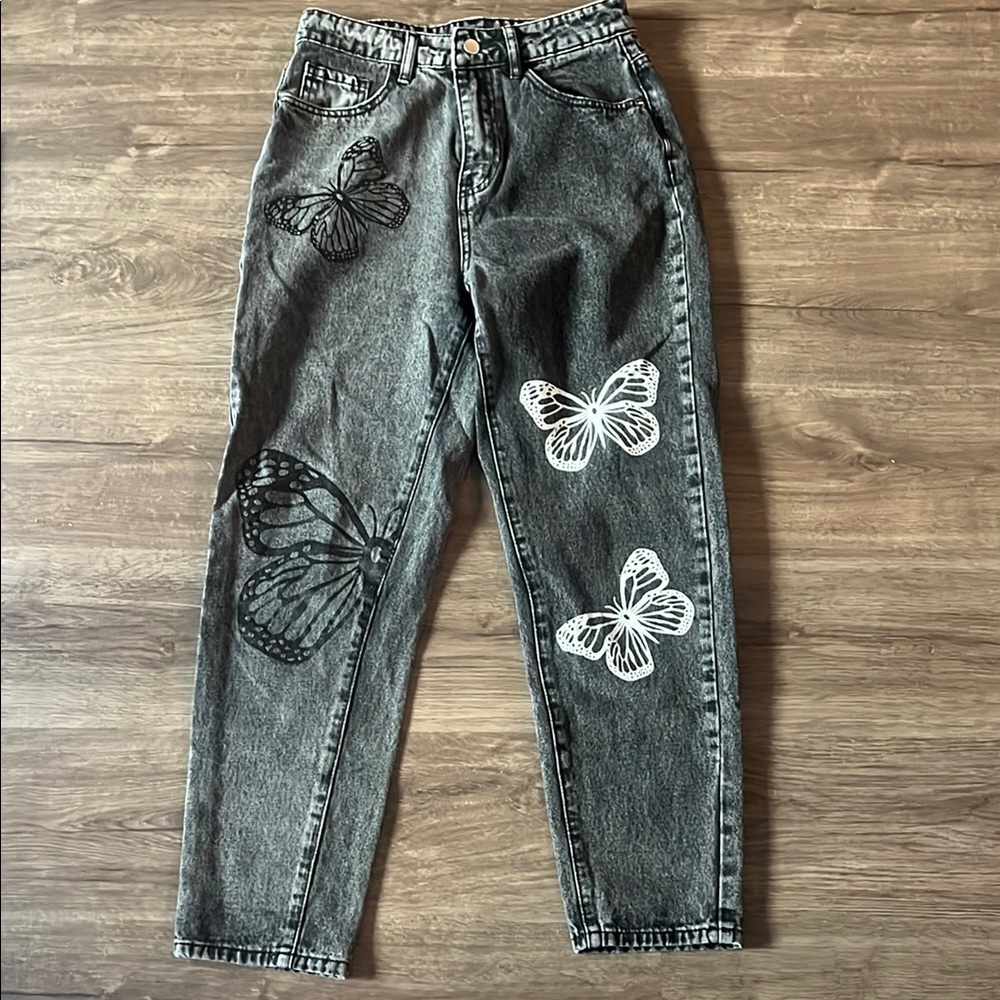 Butterfly Print Blackish-Gray Jeans